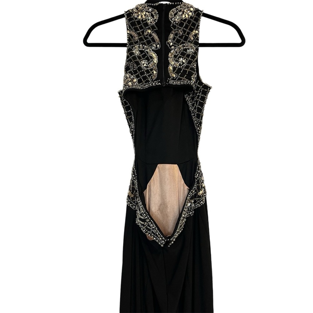 XSCAPE Long Black Beaded Sequin Open Back Sexy Formal Gown with Front Slit Sz 2 - Picture 5 of 14